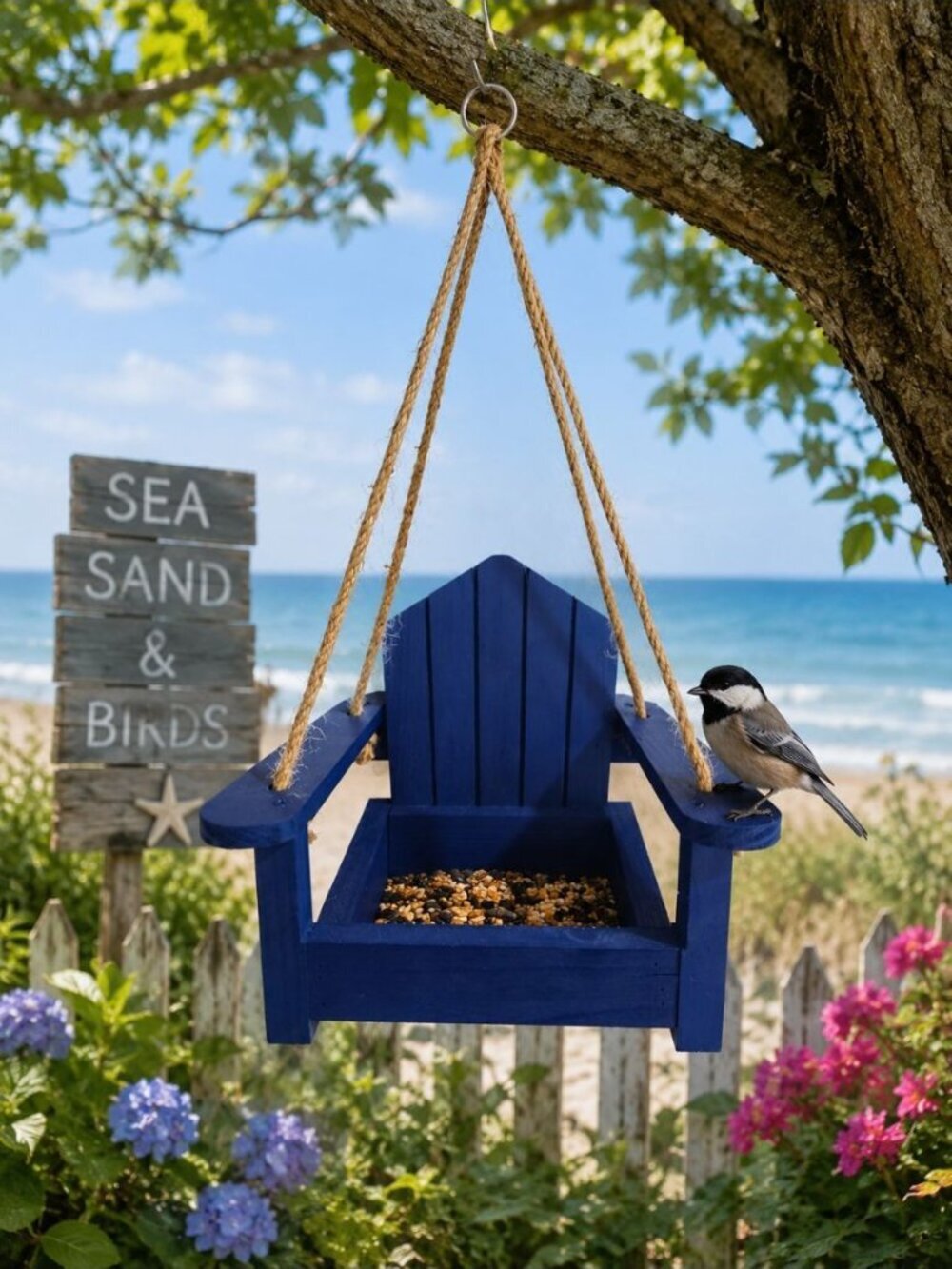 New Outdoor Blue Wood Coastal Cottage Adirondack Beach Hanging Chair Bird Feeder